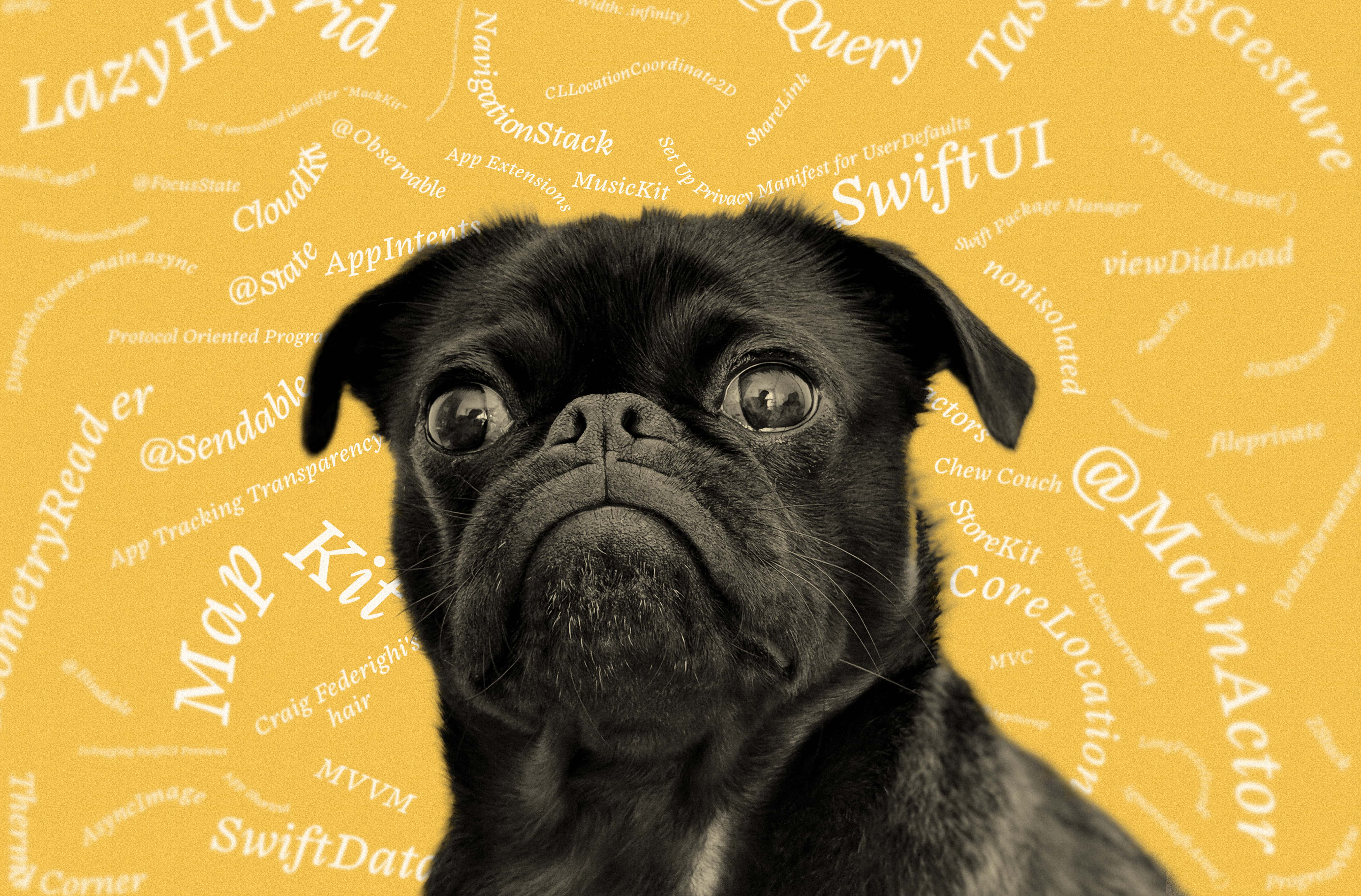 A pug dog surrounded by iOS development related terms such as "AsyncImage" and "UserDefaults". But, like, a lot of them.