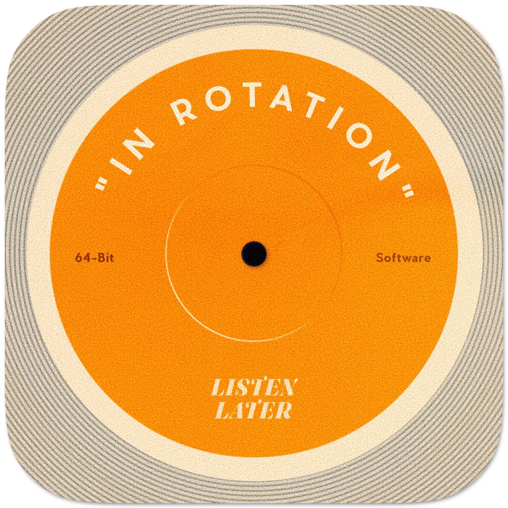 The app icon for In Rotation, featuring the label of a vinyl record with the app title on it.