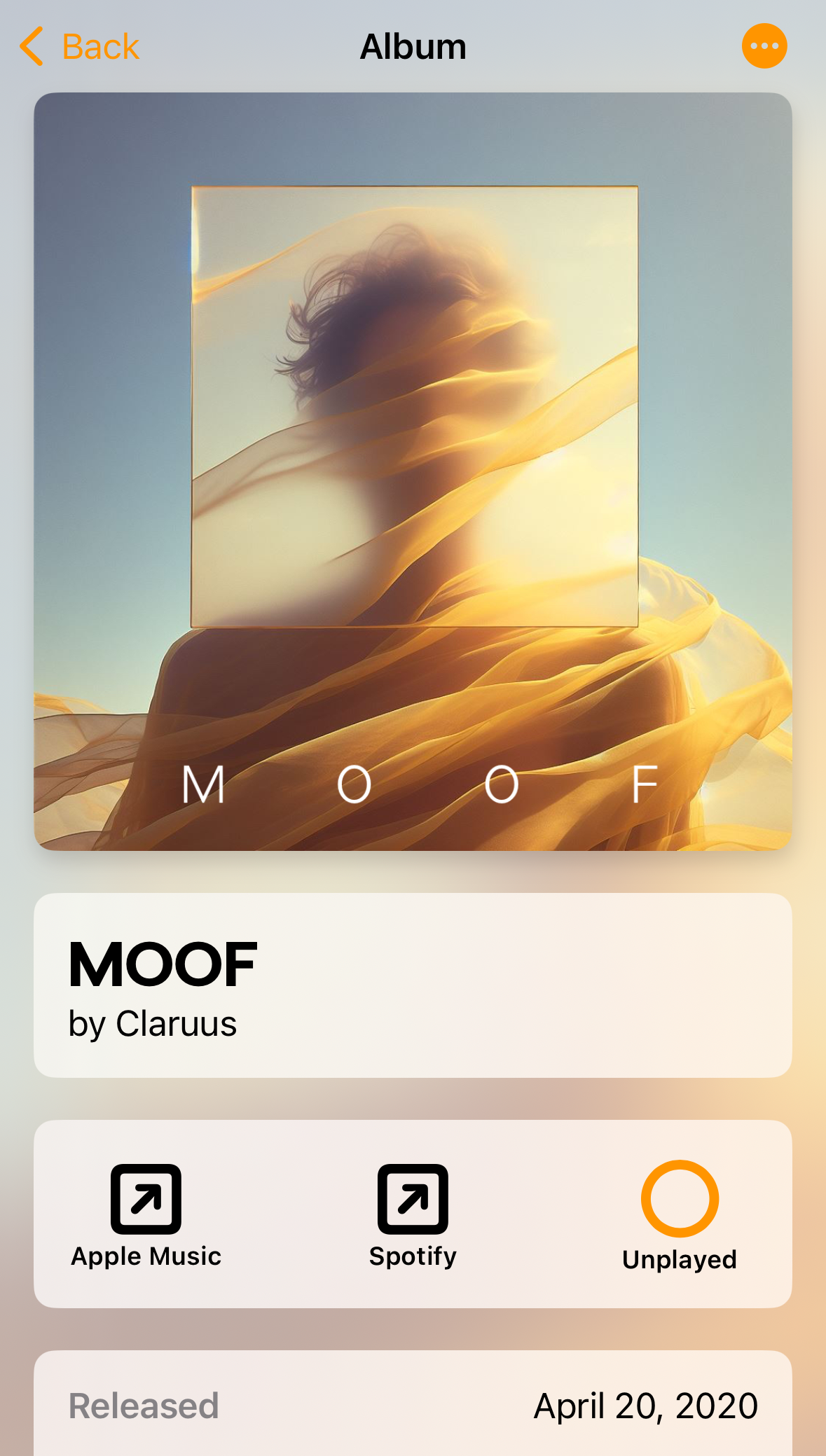 A screenshot of the album detail view featureing an album called MOOF by Claruus