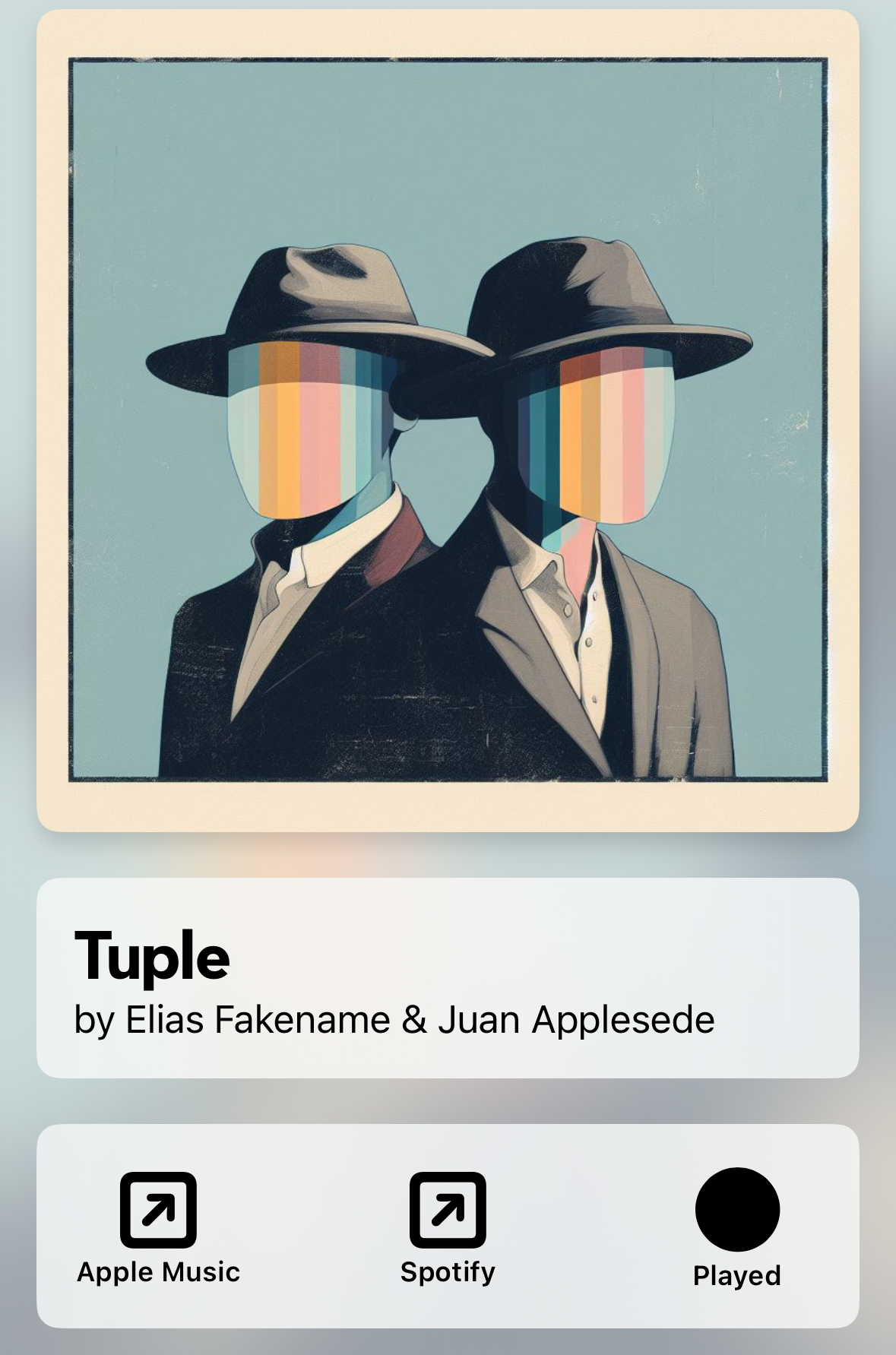 A screenshot of the album detail view featureing an album called Tuple by Elias Fakename and Juan Applesede